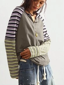 Bohemela 秋冬波西米亚风休闲针织拼布条纹V领长袖宽松女式T恤 - 彩色 - 查看 4