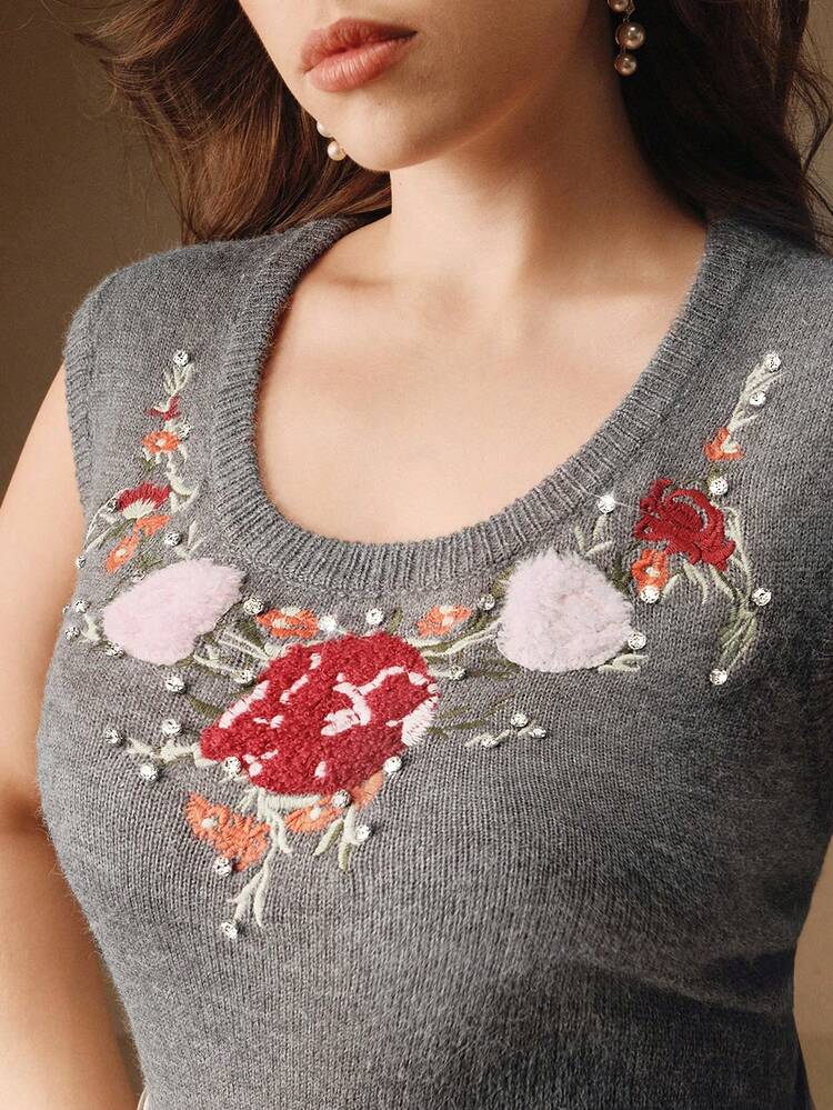 Gilet lavorato a maglia con ricami e strass, elegante, chic, di stile, adatto per l'autunno, l'inverno, il Capodanno, il Natale, uscite, abiti invernali confortevoli per le donne