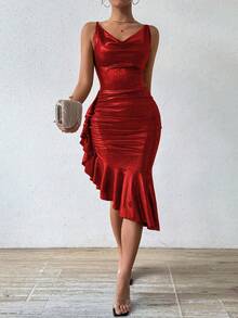 Rafferiza Solid Color Ruffle Decor A-Line Dress For New Year Holiday Party Clothes Maxi Women Outfit - Red - View 5