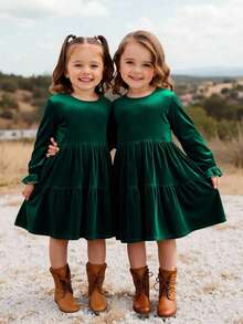 Emery Rose Kids Emery Rose Kids Loose Casual Comfortable Green Velvet Long Sleeve A-Line Dress - Green - View 1