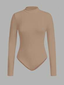 SHEIN EZwear 2件装纯色保暖连体衣，秋冬季高领长袖连体衣，长款上衣 - 卡其色 - 查看 6