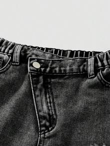 SHEIN 少女Y2K街头风休闲破洞不对称腰身柔软舒适浅蓝色牛仔裤，百搭日常穿着，2025春夏新款宽松破洞牛仔裤 - 黑色 - 查看 4