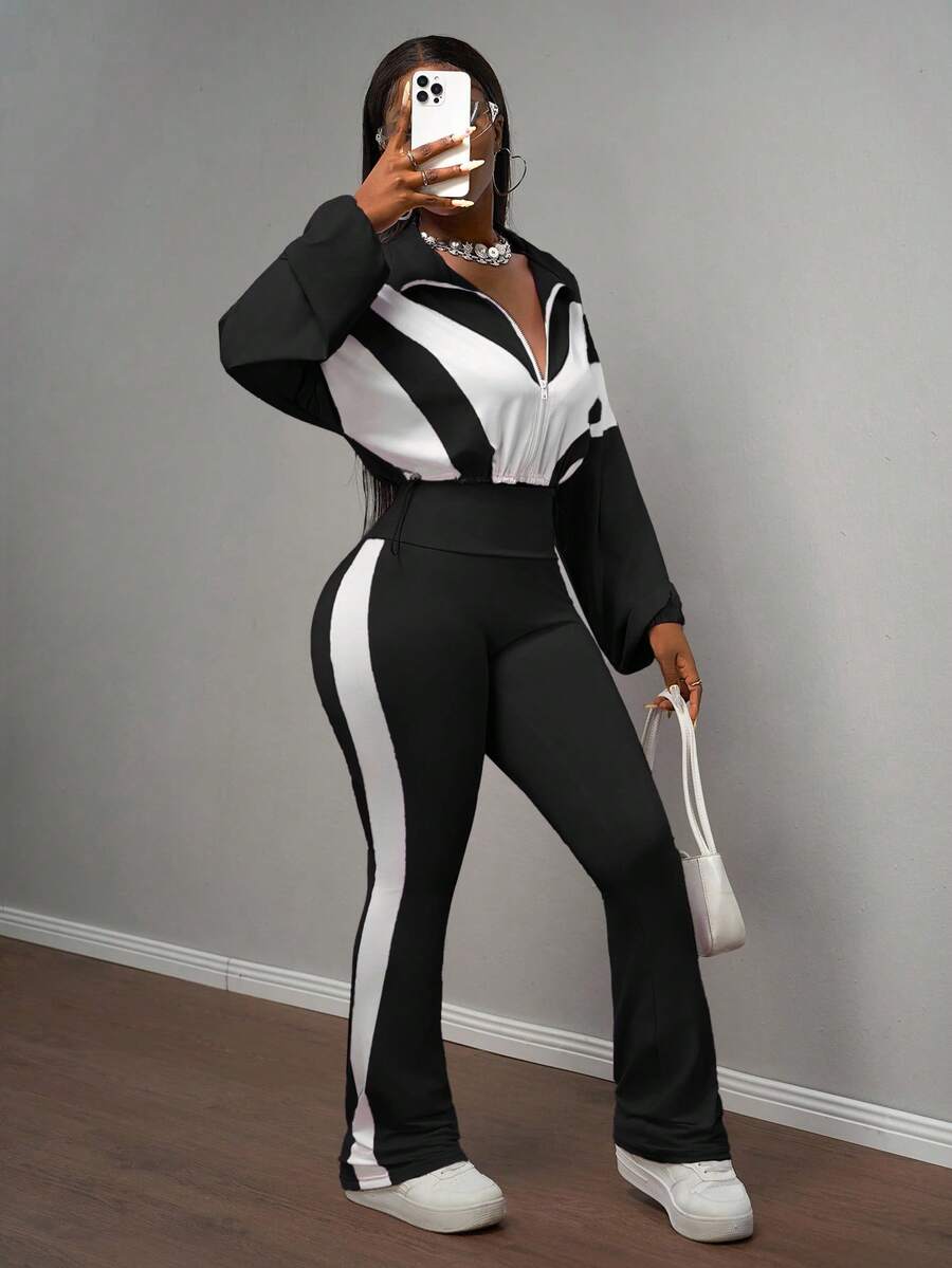 Slaydiva 2025新款早秋休闲简约日常约会运动风瑜伽服小立领前中拉链落肩白色拼接浅紫色下摆抽绳长袖上衣+紫色喇叭裤侧边白色拼接瑜伽裤针织套装女两件套-B - 黑色 - 查看 1