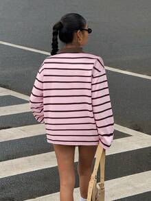 Muchica Women's Casual Striped Button-Up Dropped Shoulder T-Shirt, Autumn Pink Clothes Preppy Clothes Pink Pony Club Shirt Striped Long Sleeve Aesthetic Clothes