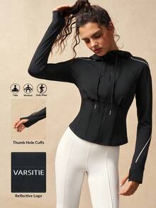 VARSIVA Women's Casual Zip-Up Hoodie Jacket With Thumb Hole And Drawstring, Suitable For Autumn - Black - View 2