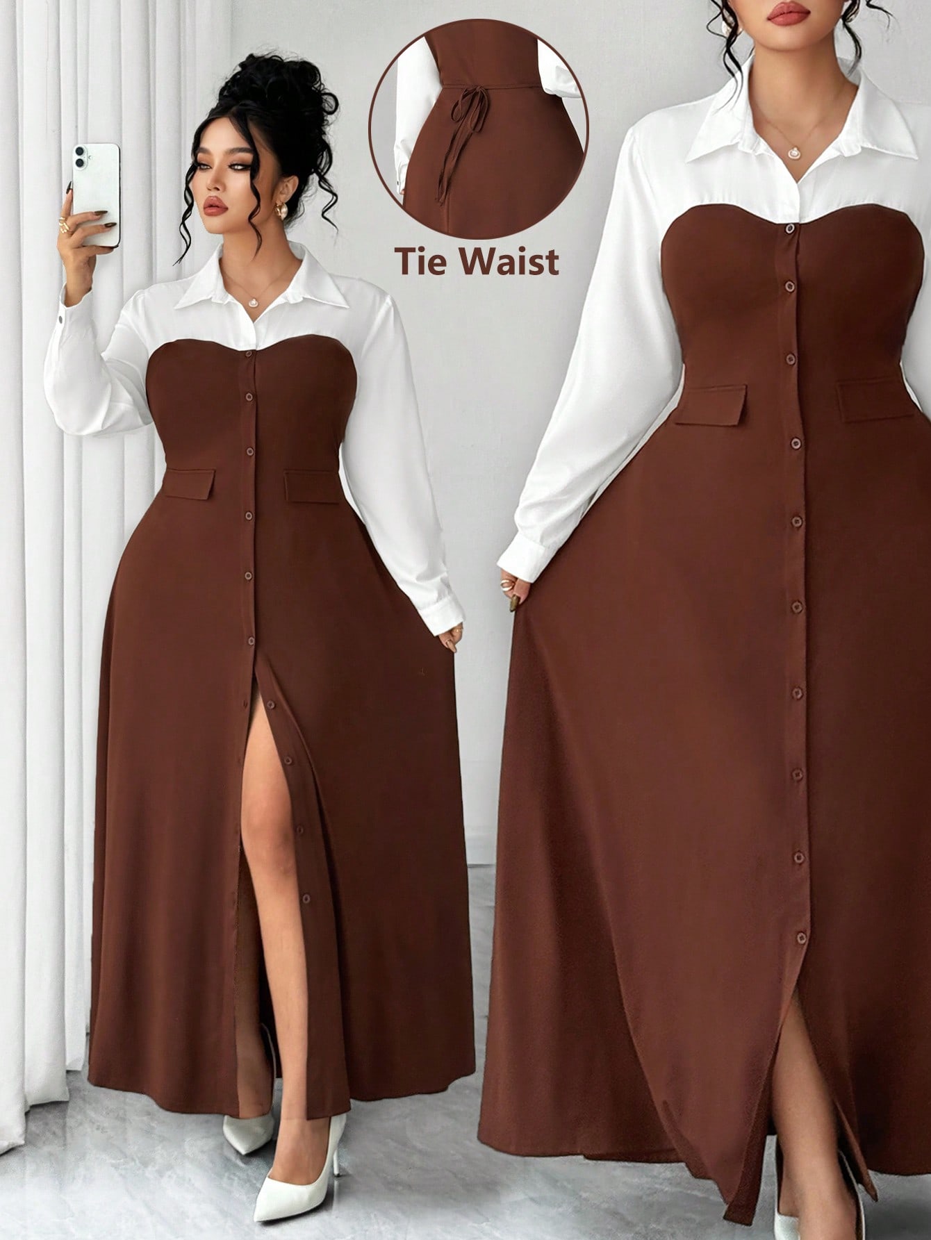 SHEIN Elenzya فستان نسائي بياقة مقلوبة وأكمام طويل...