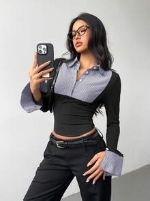 Rina Fox 女式撞色前扣不对称下摆长袖衬衫