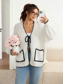 SHEIN Frenchy Plus Size Casual Contrast Trim Tie Front Cardigan Sweater/Winter - Black and White - View 1