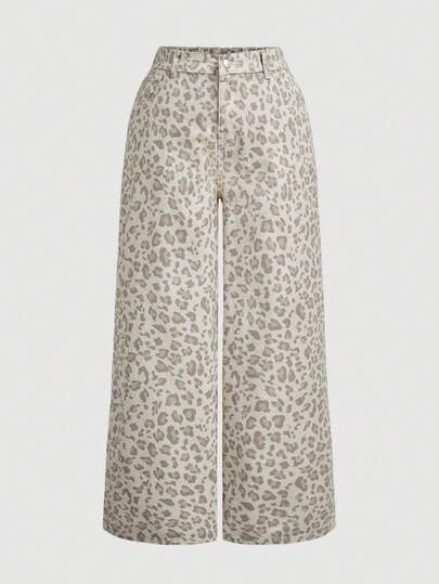 SHEIN MOD Plus Size Leopard Print Pocket Casual Versatile Wide Leg Jeans