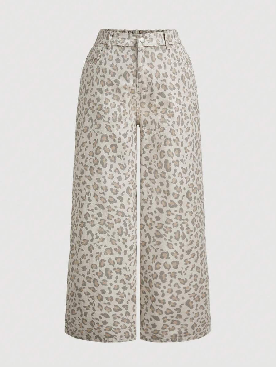 SHEIN MOD Plus Size Leopard Print Pocket Casual Versatile Wide Leg Jeans - Multicolor - View 1