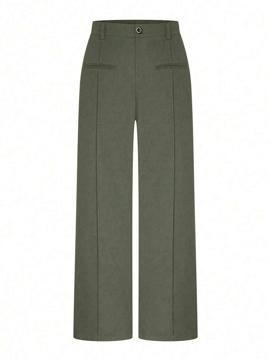 SHEIN Clasi Quần ống đứng vải dệt chéo co giãn cỡ lớn, một túi, thích hợp cho các buổi đi chơi và đi làm - xanh quân đội - Xem 1