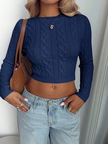 Aloruh 女式复古粗针织圆领修身长袖套头毛衣，秋冬简约杏色打底衫 - 藏蓝色 - 查看 6