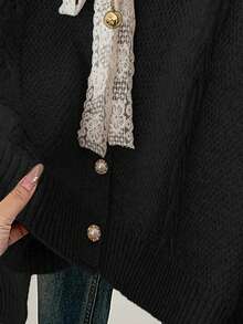 SHEIN Clasi Women's Casual Tie Front Crew Neck Sweater Cardigan - Black - View 3