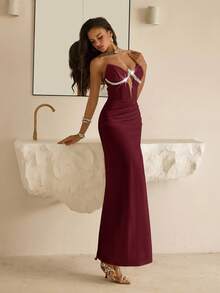 SHEIN Belle Elegant White Strapless Deep V-Neck Luxury Rhinestone Chain Decor Fishtail Side High Slit Dress, Suitable For Date, Vacation, Birthday Party, Afternoon Tea, Graduation, Wedding, Bridal Shower, Prom