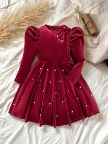 Young Girls Round Neck Raglan Sleeve Elegant Beaded Ruffle Hem Long Sleeve Dress - Red - View 5