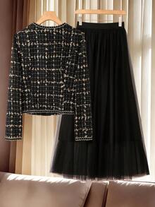 Franclia 大码优雅蝴蝶结长袖上衣和半裙两件套，秋冬正式黑色半裙套装，裙装套装，粗花呢西装半裙套装，连衣裙套装，格子图案