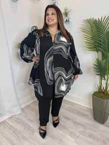 SHEIN Unity Jennifer_samantha_style Plus Size Casual Swirl Print Lantern Sleeve Shirt, Autumn, For Apple Rounded Body Shape - Multicolor - View 5