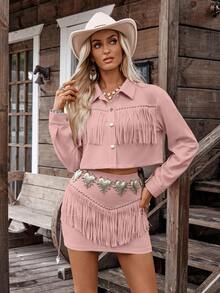LanaWest Un conjunto de dos piezas con flecos para las vacaciones occidentales de una dama en otoño - Rosa - Ver 4