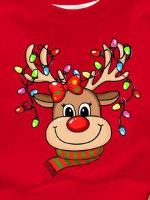 SHEIN Buon Natale, Maglioncino casual e minimalista da ragazza, con simpatico motivo natalizio di Rudolph la renna dal naso rosso e fiocchi di neve a pois, in rosso festivo, vestibilità morbida e comoda, collo a giro, manica lunga, adatto per l'autunno/inverno, Natale - Multicolore - Visualizzare 5