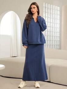 Mulvari Women's Loose Knit Sweater Two Pieces Set, Winter - Blue - View 3