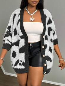 Slaydiva Plus Size Loose Fit Colorblock Knit Cardigan, Casual Streetwear Style/Winter - Black and White - View 9