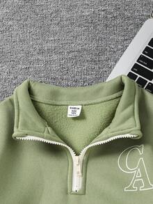 Tween Boy Stand Collar Half Zip Sweatshirt, Colorblock Casual Sporty Style Pullover - Green - View 4