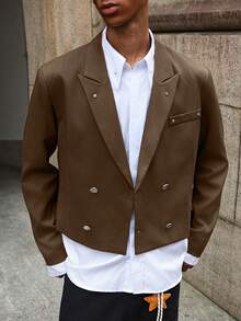 Manfinity EMRG 短款黑色休闲西装外套，双排扣金属铆钉设计，百搭，是送给男朋友或丈夫的绝佳礼物 - 棕色 - 查看 4