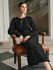 Anewsta Women's Elegant Long Rhinestone Chain Tassel Pendant Dress - Black - View 2
