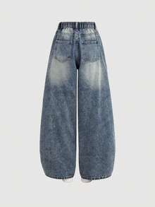 Teen Girl Blue Denim Wide Leg Pants With Ruffle Hem Fall Winter - Medium Wash - View 2