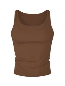 Manfinity Dauomo 男式纯色针织罗纹无袖休闲运动背心 - 棕色 - 查看 4