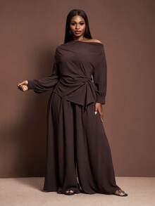 Veslaya 2025秋冬大码女装套装，优雅不对称肩部褶皱腰身长袖上衣搭配阔腿裤，适合乡村音乐会、婚礼、约会、正式场合等场合。 - 棕色 - 查看 5