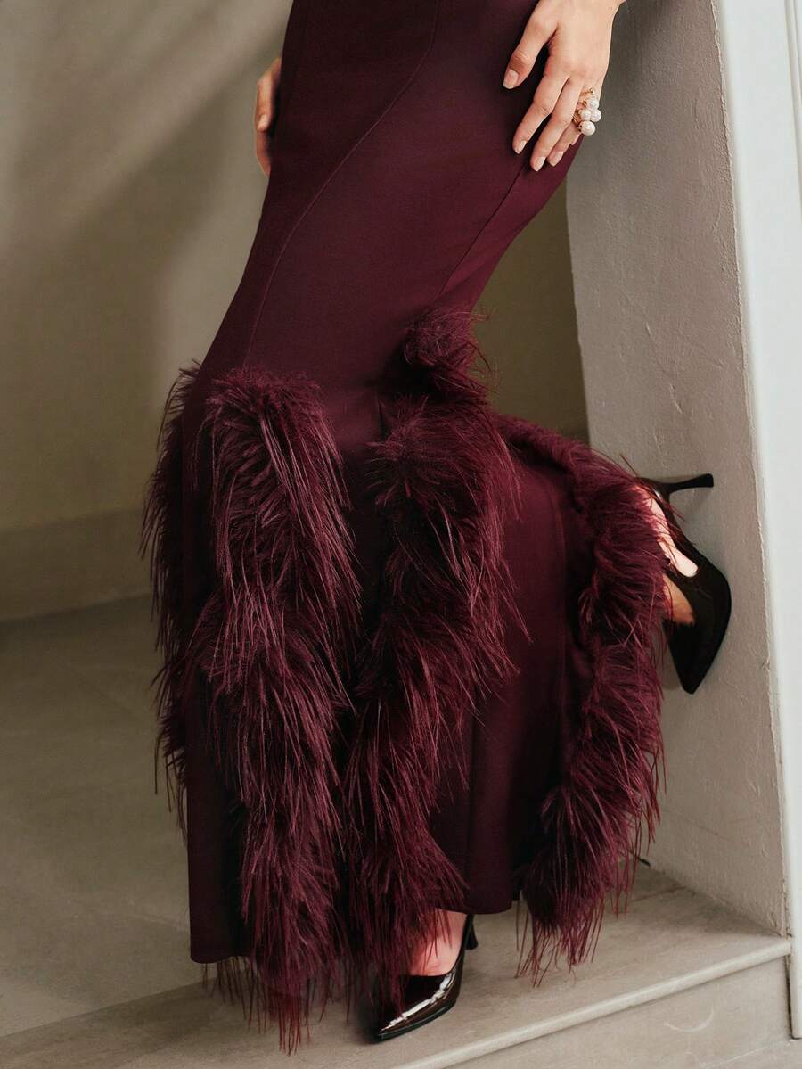 Anewsta Women's Vintage Chic Halter Neck Fitted Dress With Faux Fur Skirt Design, Long Dress For Fall, Winter, New Year, Party, Wedding, Elegant, Stylish - Burgundy - View 1