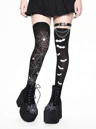 Grunge Punk 1 Stück Spinnennetz Oberschenkel Hohe Socken + 1 Stück Kette Herz Bein Strumpfband + 1 Stück Fledermaus Oberschenkel Hohe Socken, Y2K Stil Outfit Set, geeignet für den täglichen Gebrauch und Partys