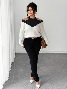 SHEIN Elenzya Áo len chui đầu hở vai màu tương phản cỡ lớn cho nữ - màu đen - Xem 3