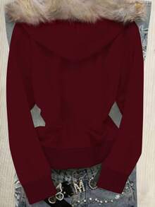 StreetHx 女式修身连帽运动衫夹克，人造毛领，数码印花 - 酒紅色 - 查看 2