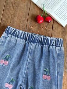 SHEIN Vintaside Kids 女婴两件套：樱桃刺绣牛仔裤+红色荷叶边长袖针织毛衣，甜美田园风穿搭，休闲日常穿搭，可爱又时尚，适合外出、聚会、派对 - 粉色 - 查看 7