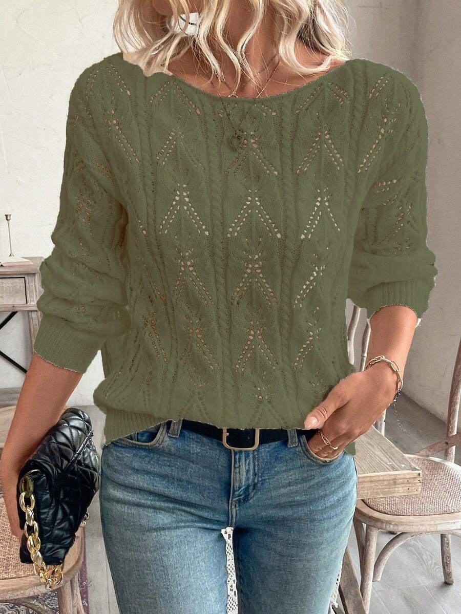 SHEIN LUNE Vacation Style Casual Hollow Floral Pattern Off Shoulder Loose Pullover Sweater - Army Green - View 1