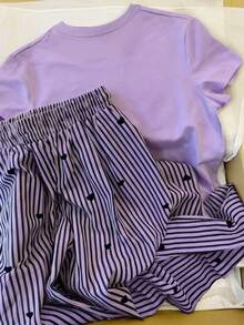 INAWLY 2 件套女式夏季休闲心形刺绣短袖 T 恤和条纹裤套装 - 紫色 - 查看 2