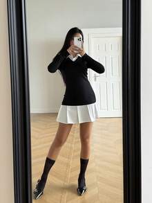 INAWLY Women's Collegiate Intellectual Commuter Sexy Shirt Splicing Contrast Color Mini Dress - Black - View 8