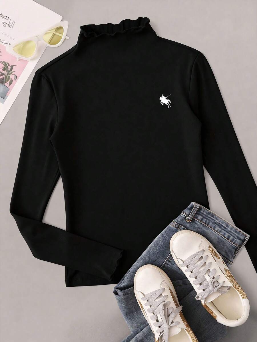 SHEIN EZwear Plus Size Casual Knight Print Stand Collar T-Shirt, Autumn/Winter - Black - View 1