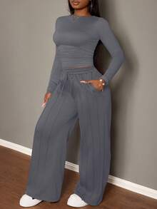 Slaydiva 大码女式纯色褶皱长袖T恤和抽绳阔腿休闲裤两件套，秋冬休闲两件套，长袖两件套，灰色两件套，裤子两件套，舒适两件套 - 淺灰色 - 查看 4
