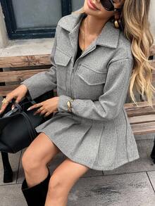 Pariaura 2pcs Grey Wool Blend Set, Cropped Top + Pleated Skirt, Autumn/Winter, Collegiate Girl, Youthful, Retro Korean, Utility Style