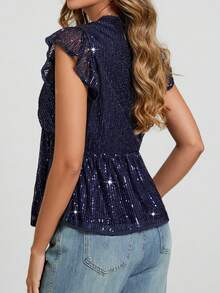 INAWLY Áo cánh thường ngày trang trí sequin cổ chữ V cho nữ, thích hợp cho việc giải trí và nghỉ dưỡng - Màu xanh hải quân - Xem 2