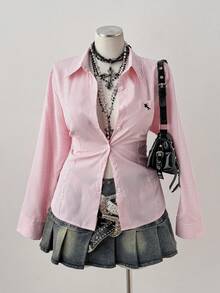 Sunspun Áo sơ mi thêu eo sọc hồng cỡ lớn - Hồng - Xem 1