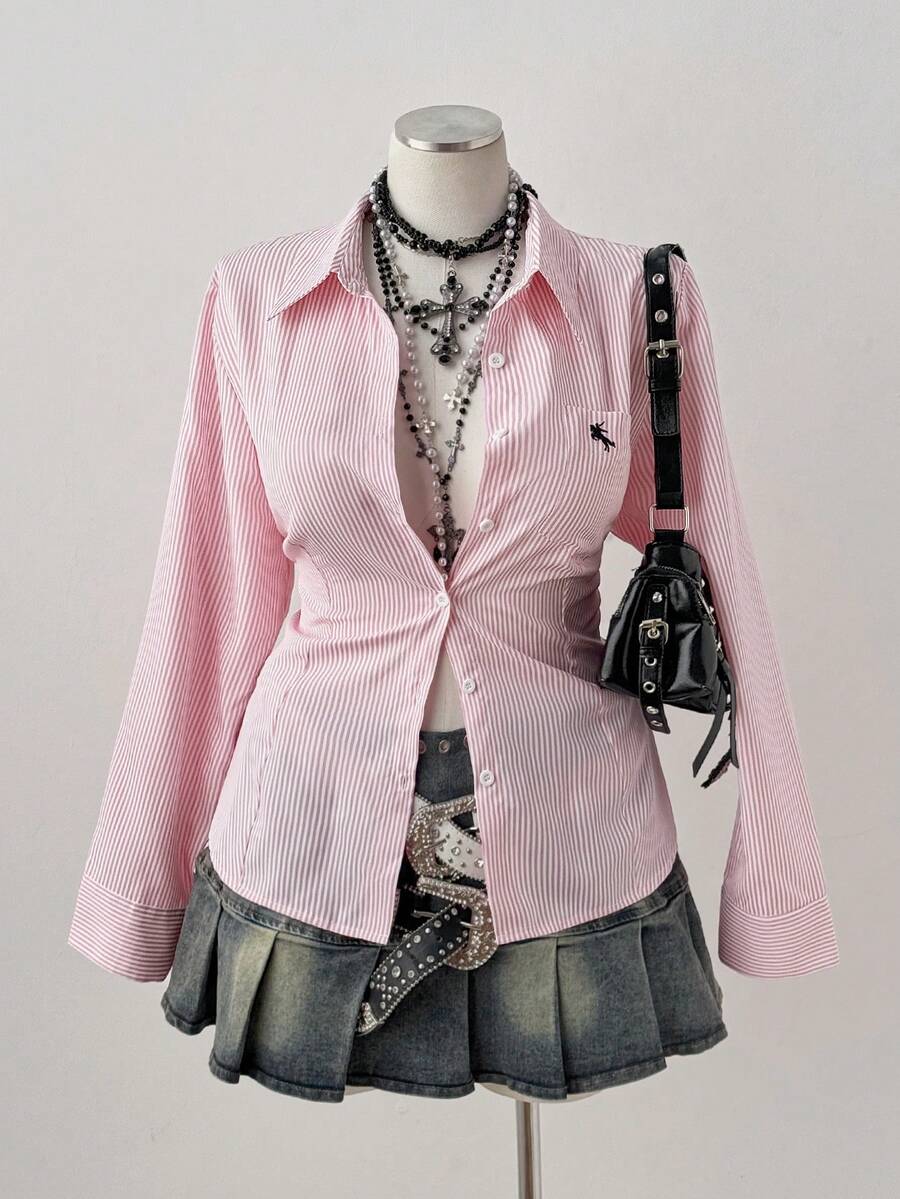 Sunspun Áo sơ mi thêu eo sọc hồng cỡ lớn - Hồng - Xem 1