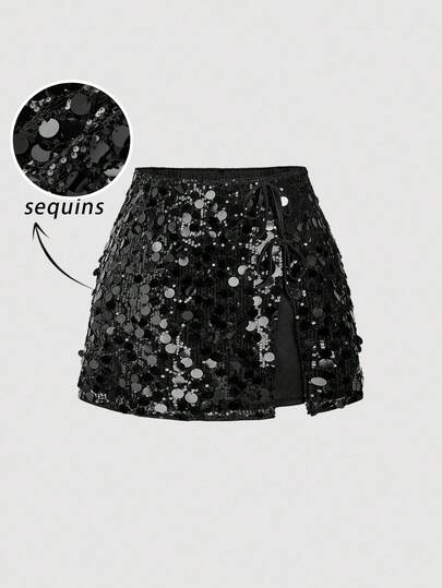 SHEIN MOD Falda midi de mujer de talla grande con abertura lateral, adornada con lentejuelas de unicolor, adecuada para ocasiones de fiesta