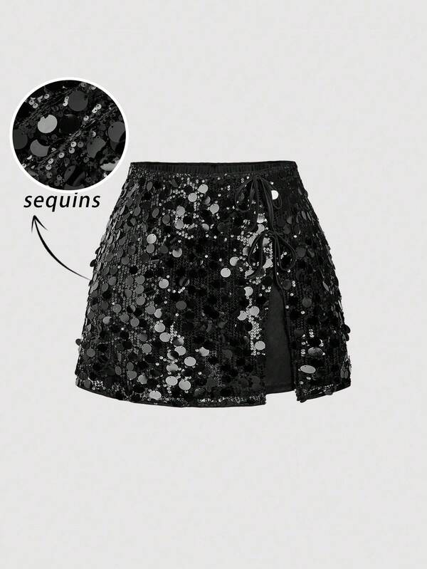 SHEIN MOD Falda midi de mujer de talla grande con abertura lateral, adornada con lentejuelas de unicolor, adecuada para ocasiones de fiesta