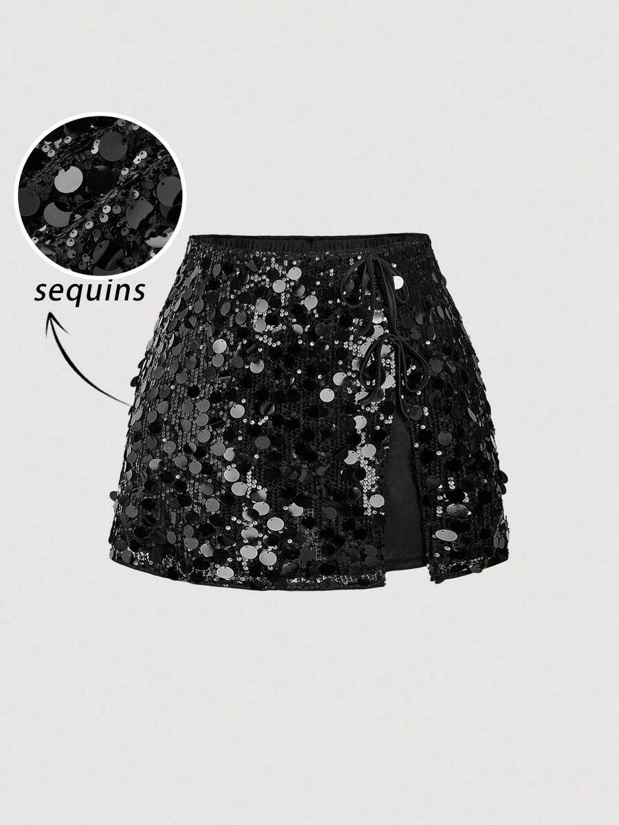 SHEIN MOD Plus Size Women's Solid Color Side Slit Sequin Embellished Midi Skirt, Suitable For Party Occasions, Fall - Black - View 1