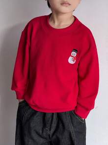 SHEIN 2件套女童圣诞刺绣图案保暖内衬休闲套头卫衣套装 - 紅白色 - 查看 9