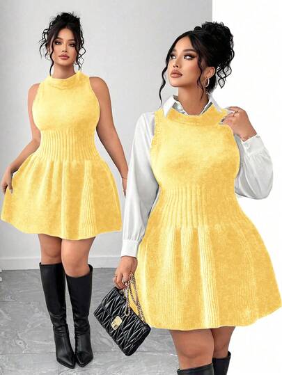 Elenzga Plus Size Women Autumn/Winter Knitted Sleeveless Dress With Ruffle Hem, Solid Color Sweater Dress